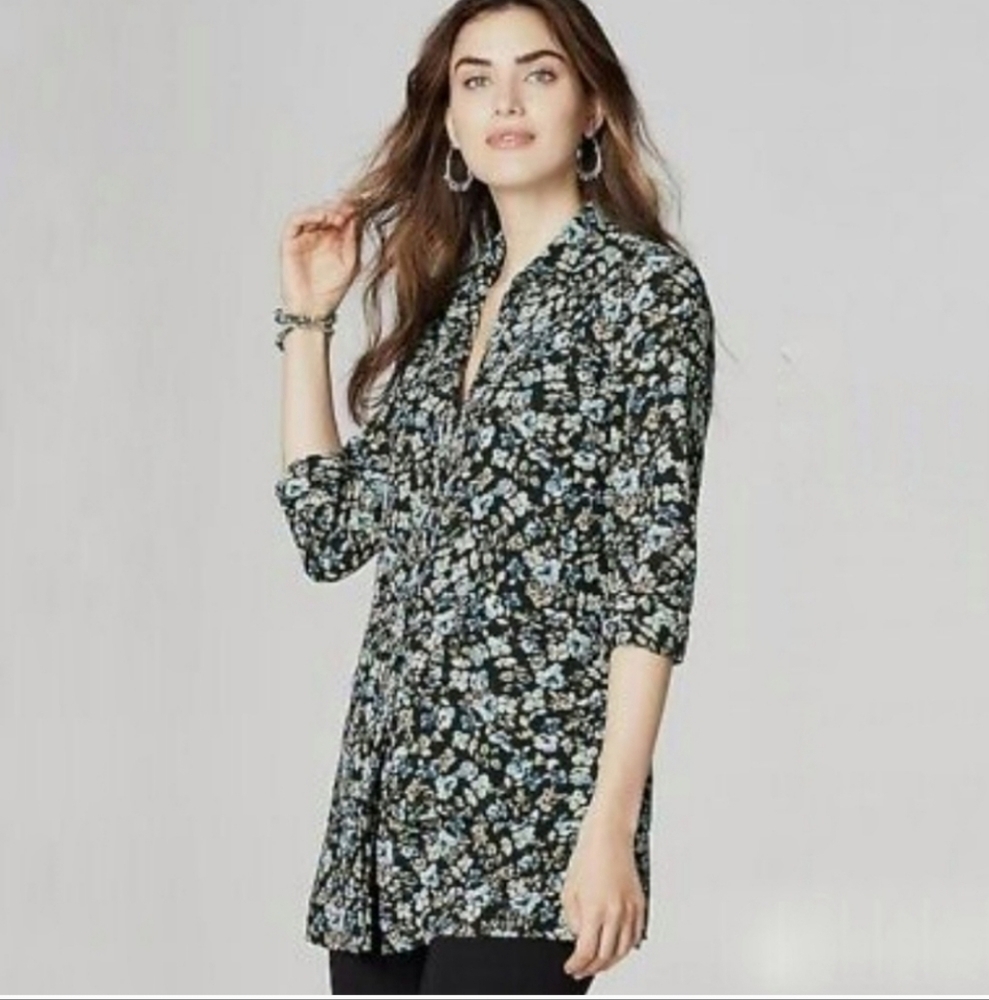 J. Jill Black Floral Button Down Tunic Top Layered Hem Size Large Petite